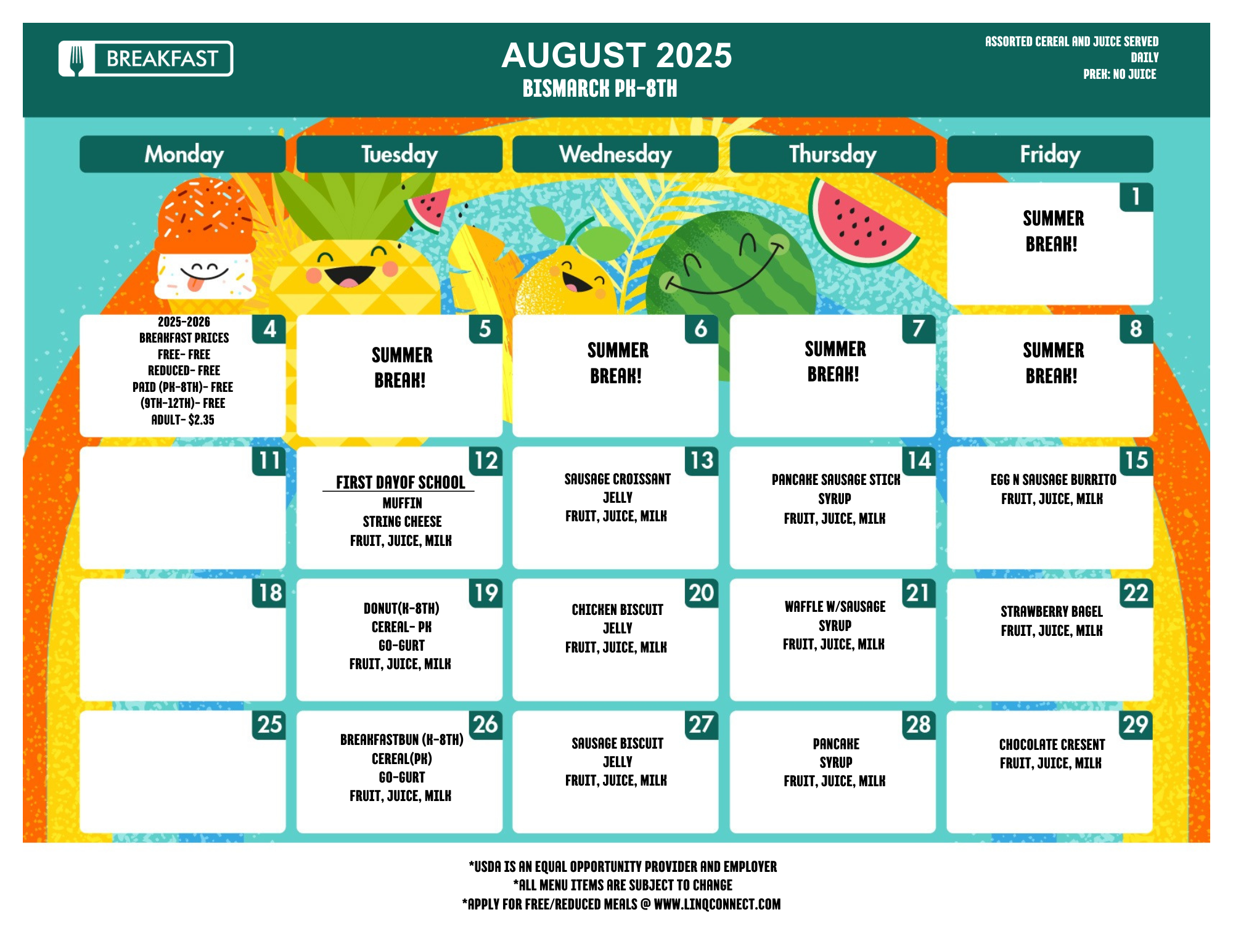 2025 August PK-8th Breakfast Menu